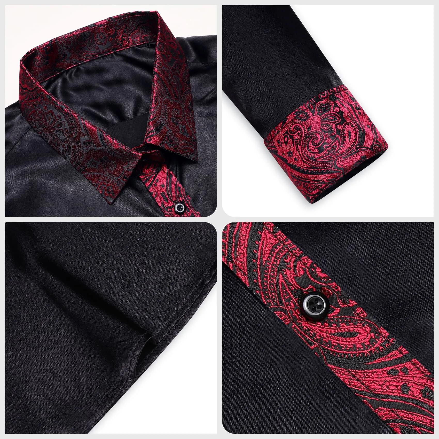 Ties2you Dress Shirt Black Solid Splicing Burgundy Paisley Button Down Long Sleeve Shirts for Men