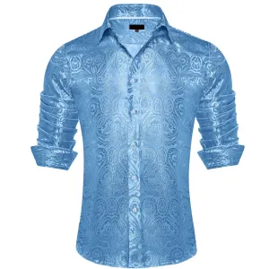 Ties2you Dress Shirt Celestial Blue Paisley Long Sleeve Button Up Silk Mens Shirt