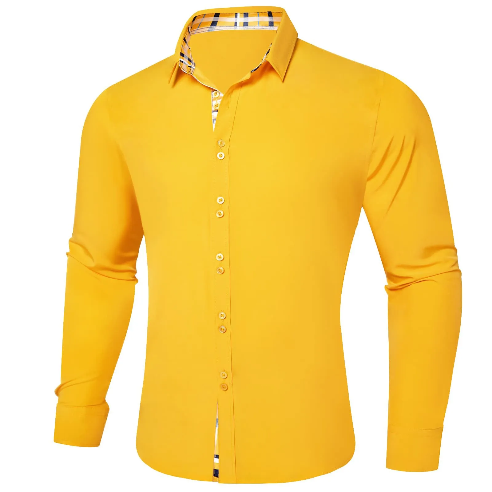 Ties2you Dress Shirt for Men Canary Yellow Solid Splicing Silk Long Sleeve Shirt