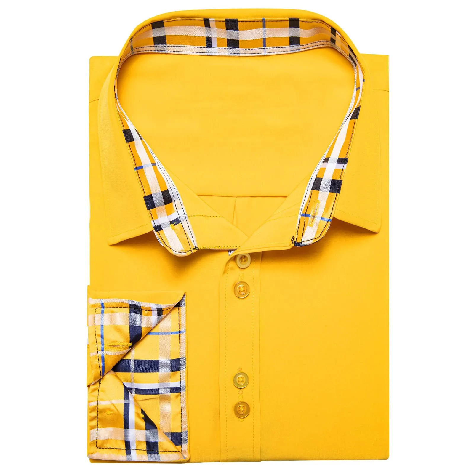 Ties2you Dress Shirt for Men Canary Yellow Solid Splicing Silk Long Sleeve Shirt