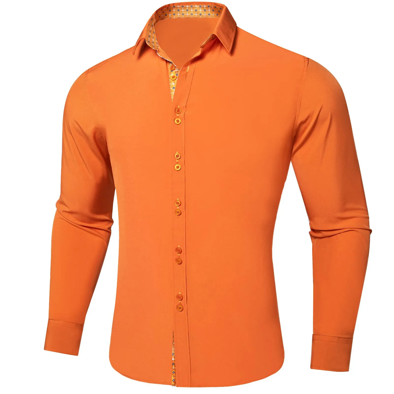 Ties2you Dress Shirt for Men Solid Dark Orange Splicing Silk Long Sleeve Shirt