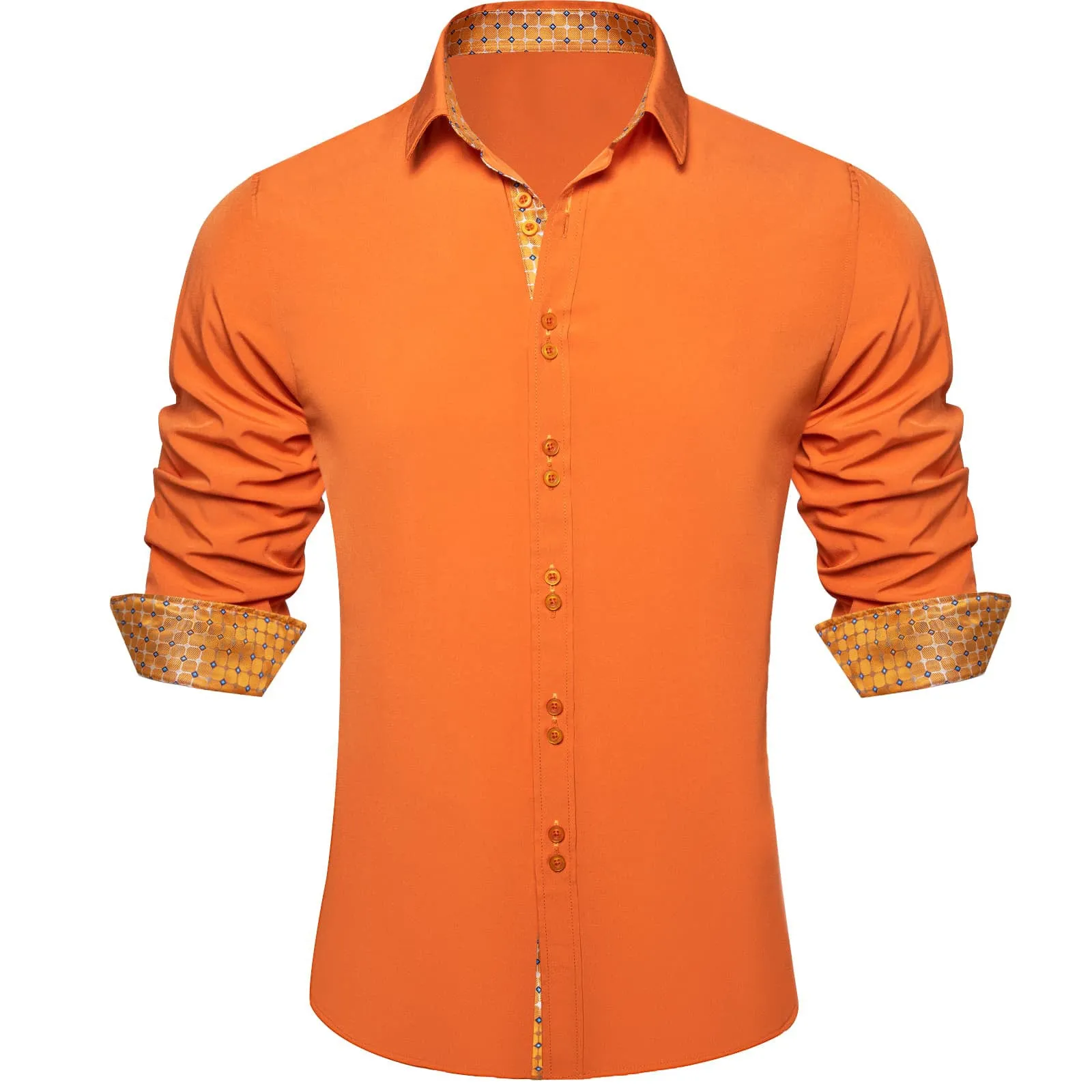 Ties2you Dress Shirt for Men Solid Dark Orange Splicing Silk Long Sleeve Shirt