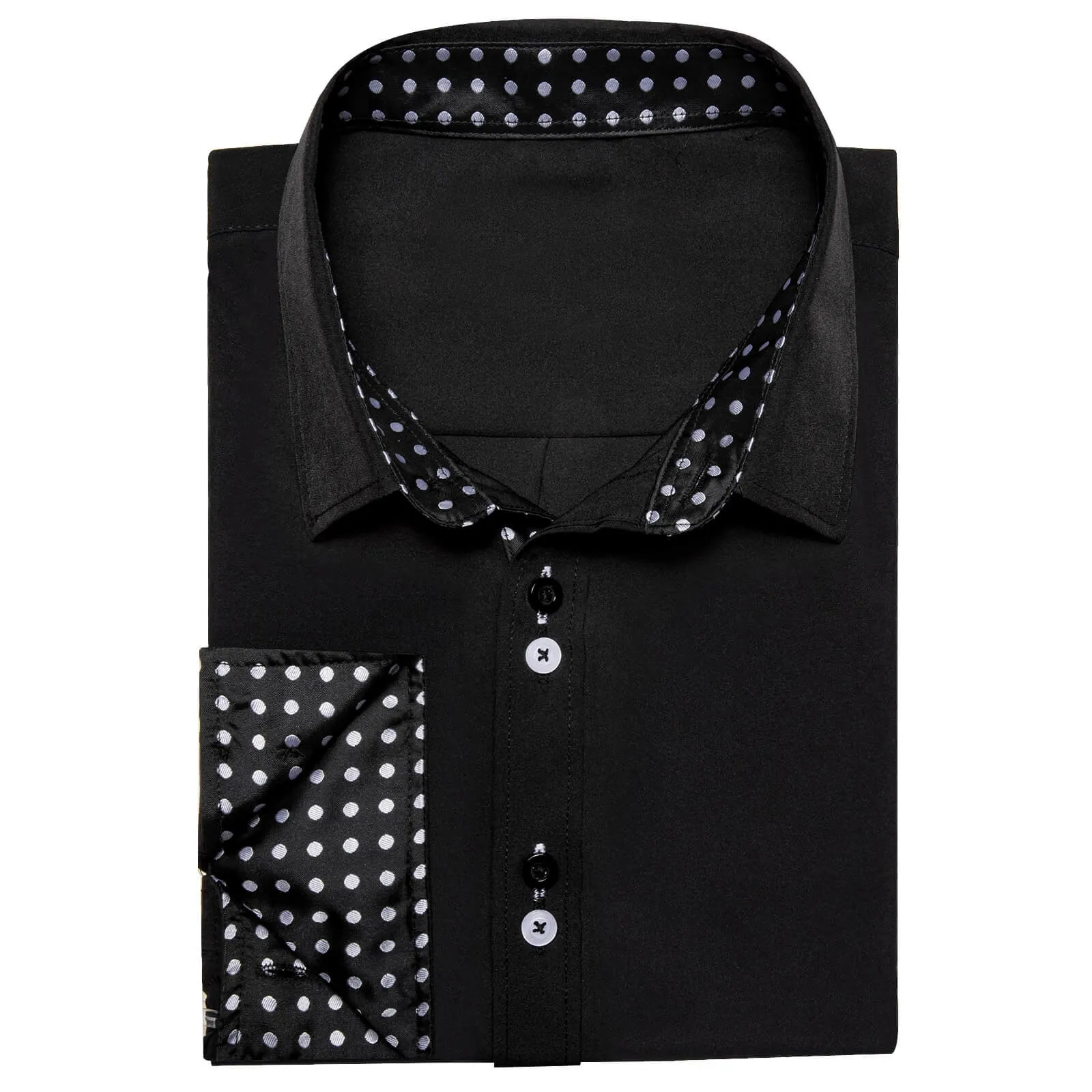 Ties2you Men's Shirt Black Solid White Polka Dots Splicing Silk Shirt