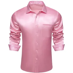 Ties2you Men's Shirt Nadeshiko Pink Satin Solid Long Sleeve Button Up Shirt