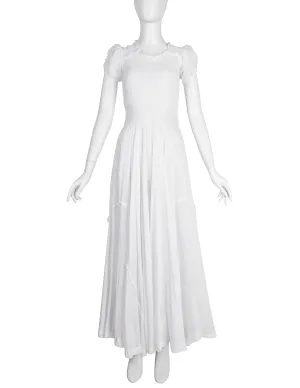 Vintage 1930s Embroidered Dot Smocked Lace White Cotton Voile Full Skirt Gown