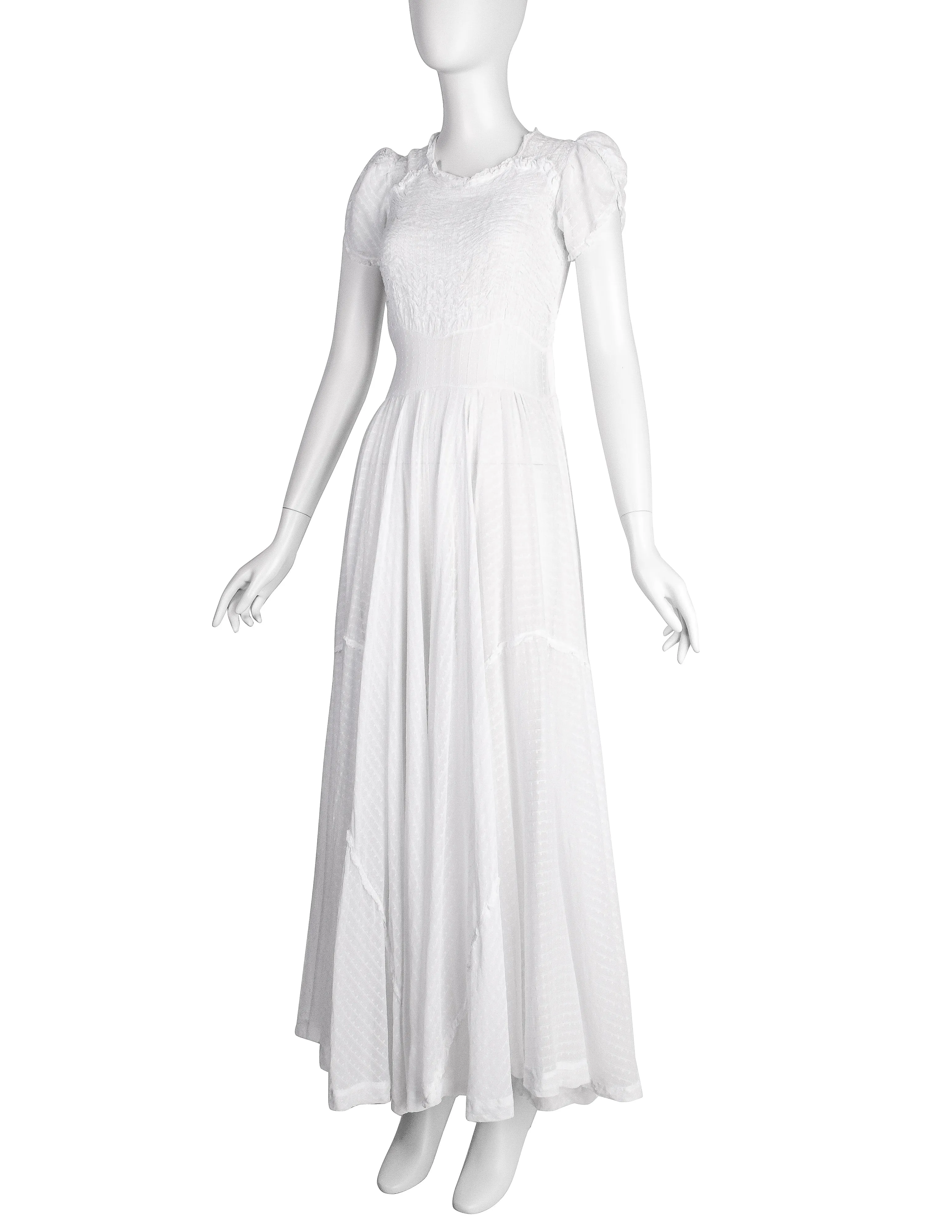 Vintage 1930s Embroidered Dot Smocked Lace White Cotton Voile Full Skirt Gown