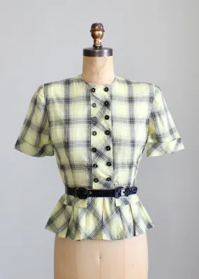 Vintage 1940s Yellow Plaid Peplum Blouse