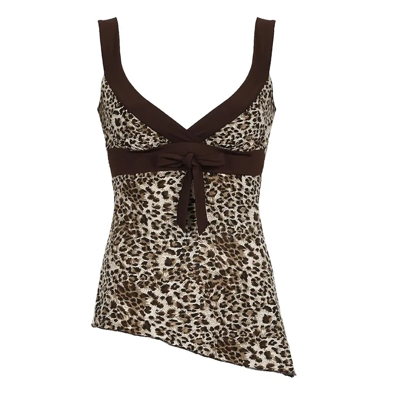 Vintage Fashion Leopard Stitching Party Tops Female Tie-Up Asymmetrical Slim Sexy Tank Top Y2K Aesthetic 2000s Kawaii