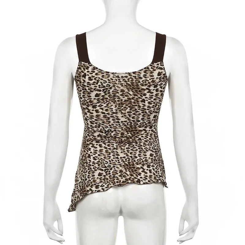 Vintage Fashion Leopard Stitching Party Tops Female Tie-Up Asymmetrical Slim Sexy Tank Top Y2K Aesthetic 2000s Kawaii