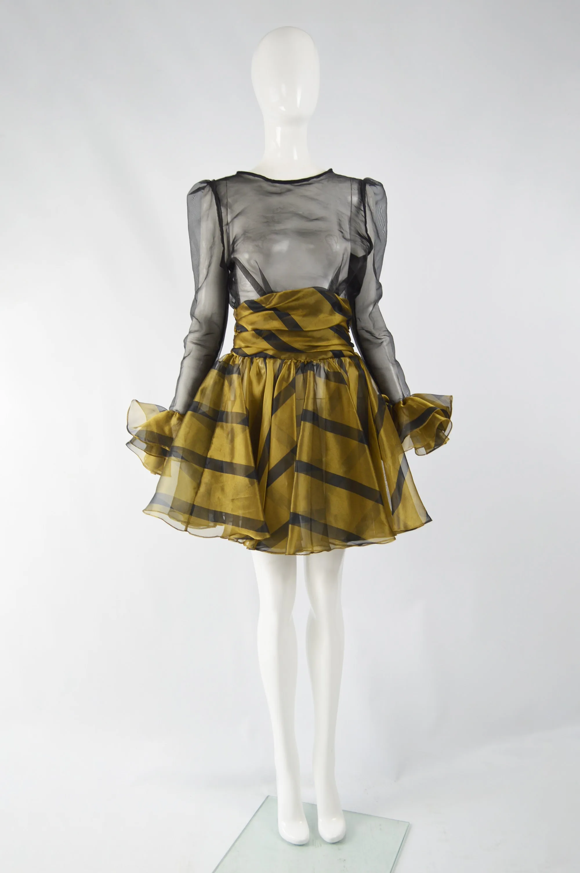 Vintage Sheer Gold & Black Ruffled Party Dress, 1980s