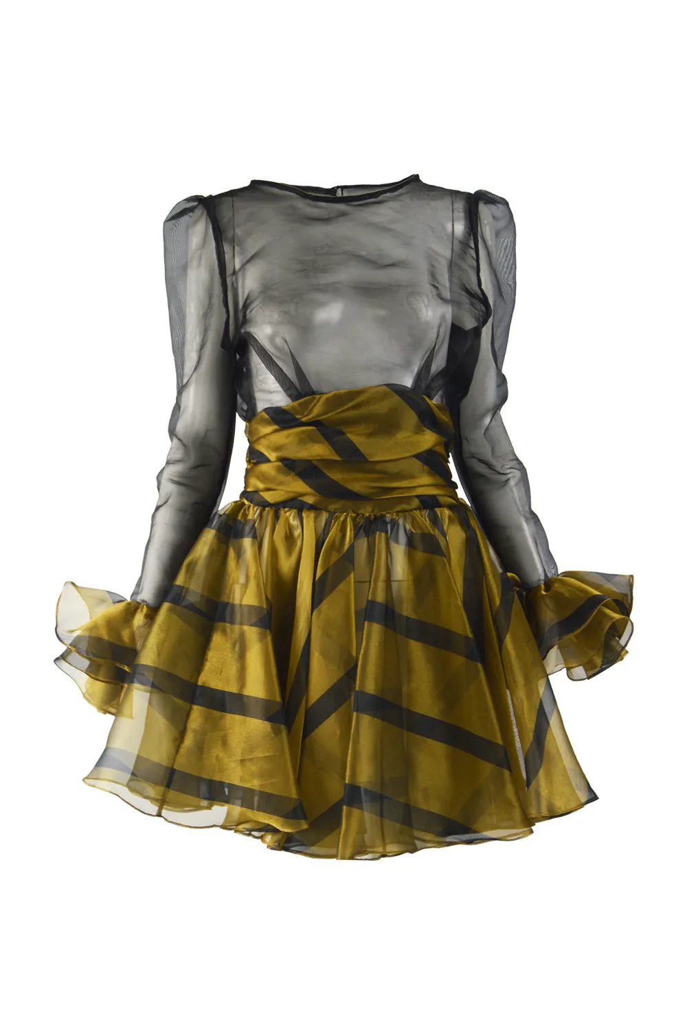 Vintage Sheer Gold & Black Ruffled Party Dress, 1980s