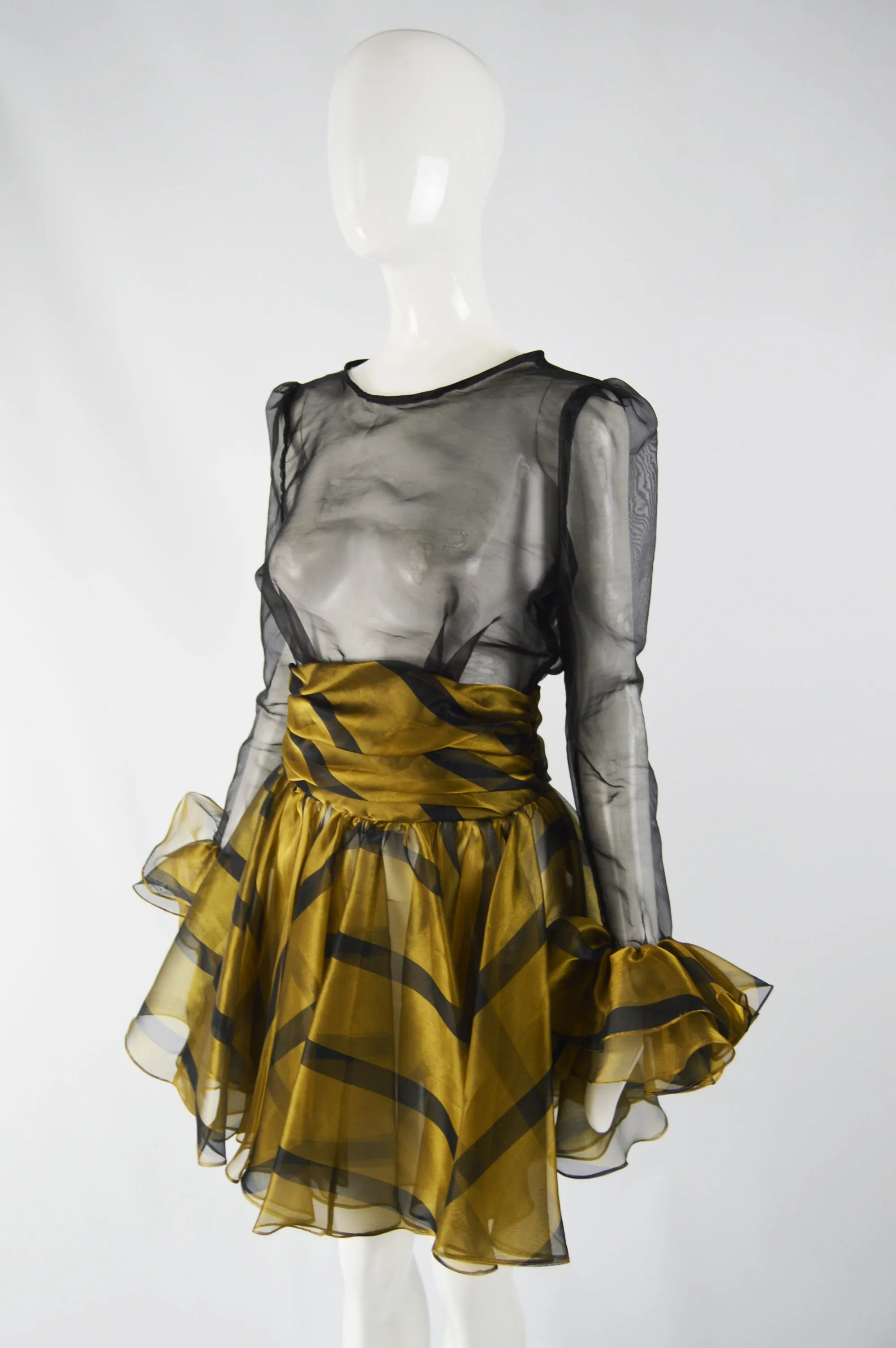 Vintage Sheer Gold & Black Ruffled Party Dress, 1980s