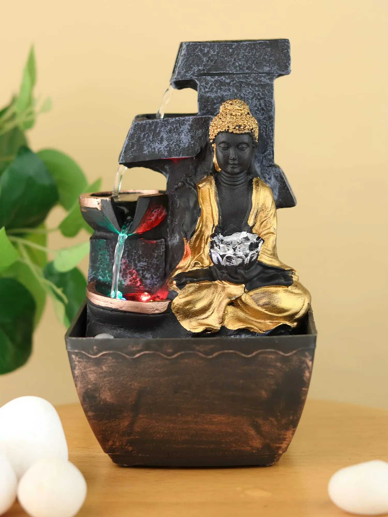 VIVARS Lord Budhha Tabletop Polyresin Water Fountain with LED Lights for Indoor Home Decor Decoration Showpiece Gifts