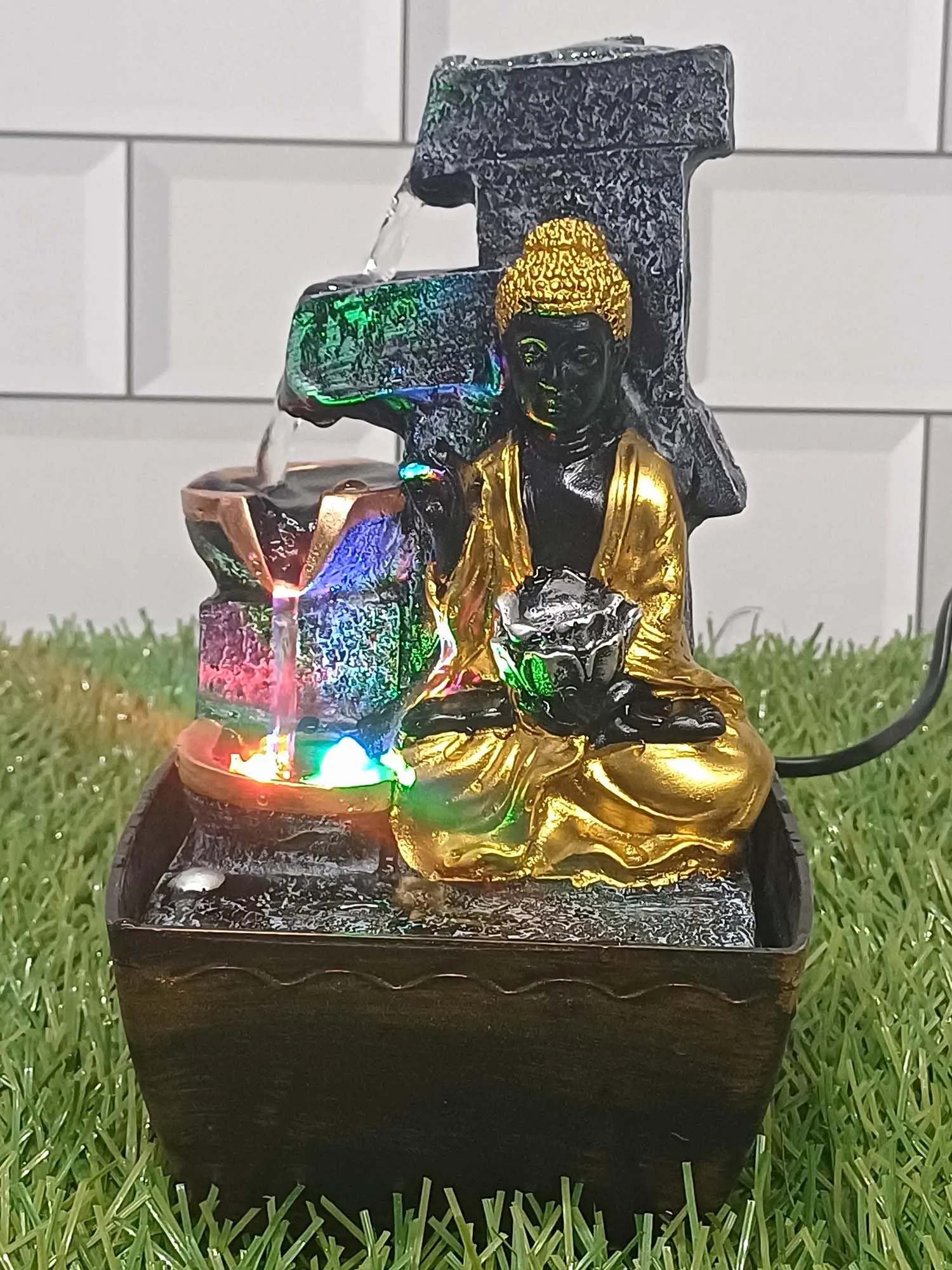 VIVARS Lord Budhha Tabletop Polyresin Water Fountain with LED Lights for Indoor Home Decor Decoration Showpiece Gifts