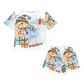 Whimsical Cat Matching Shirt and Short Christmas Sets