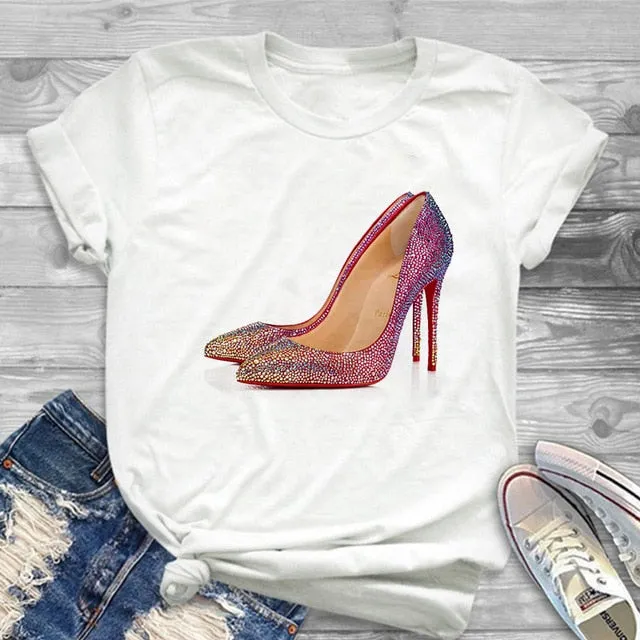 White T-shirt women's shirt fashion high-heeled shoes printed T shirt women's summer short-sleeved casual street clothing Tshirt