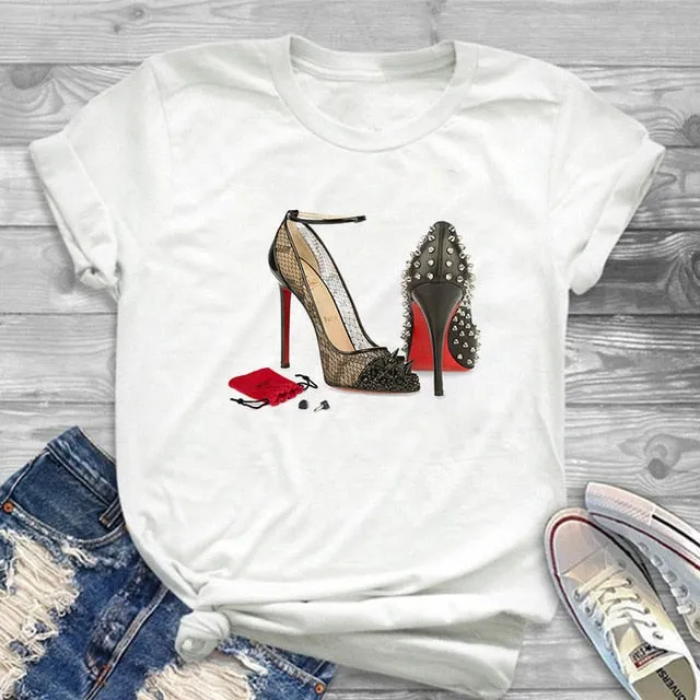 White T-shirt women's shirt fashion high-heeled shoes printed T shirt women's summer short-sleeved casual street clothing Tshirt