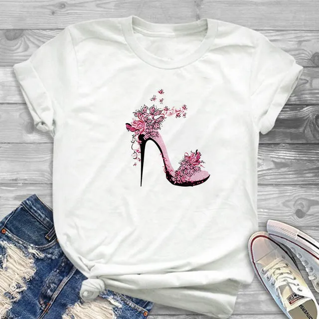 White T-shirt women's shirt fashion high-heeled shoes printed T shirt women's summer short-sleeved casual street clothing Tshirt