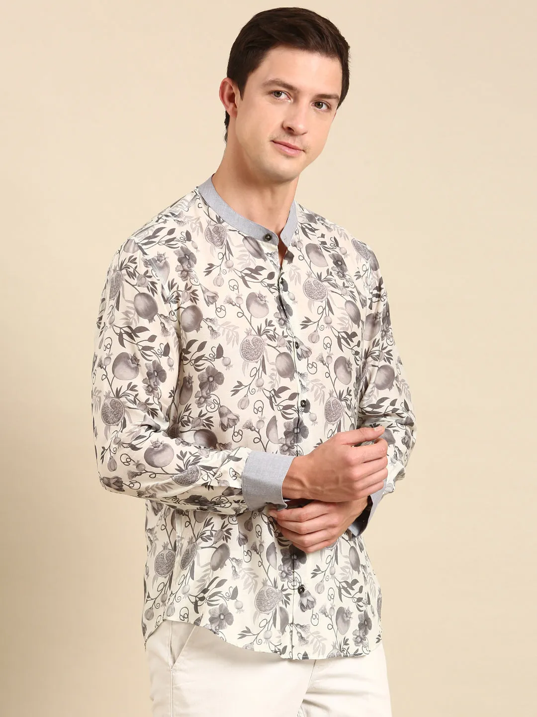 White,Charcoal Grey Muslin Digital Print Shirt - MM0849