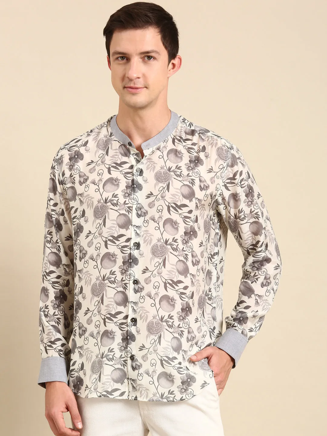 White,Charcoal Grey Muslin Digital Print Shirt - MM0849