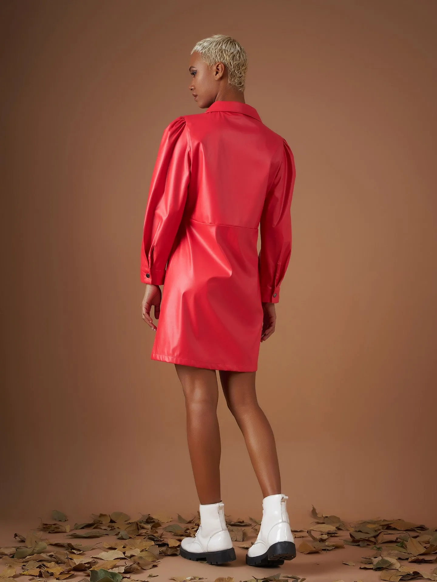 Women Red PU Shirt Dress