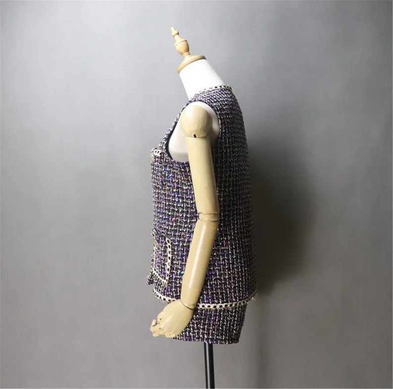 Women's Designer gilet Asymmetric Trim Pockets Tweed Vest   Shorts