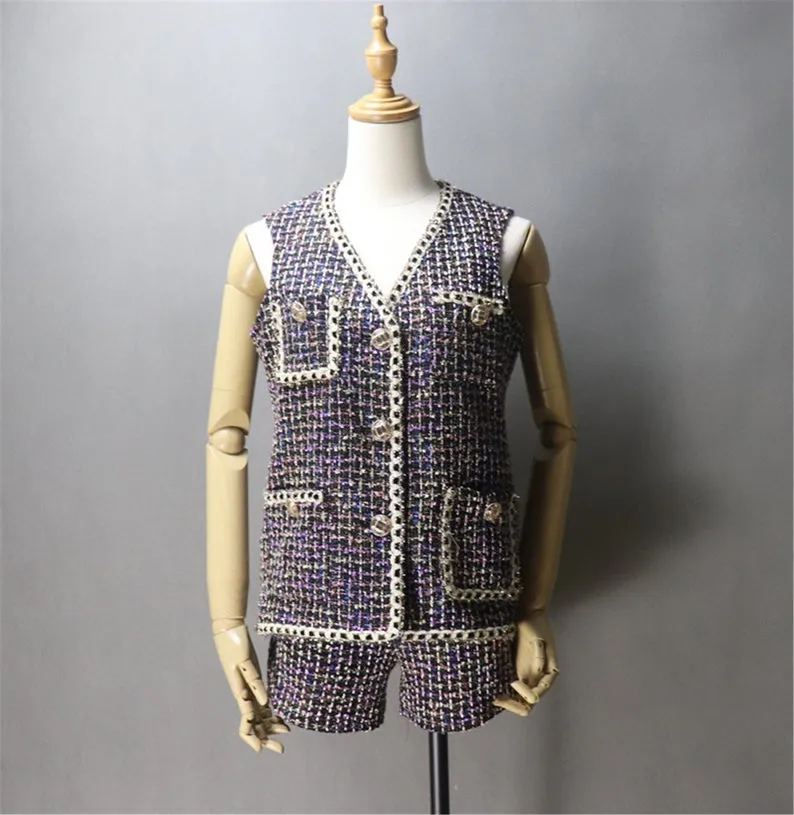 Women's Designer gilet Asymmetric Trim Pockets Tweed Vest   Shorts