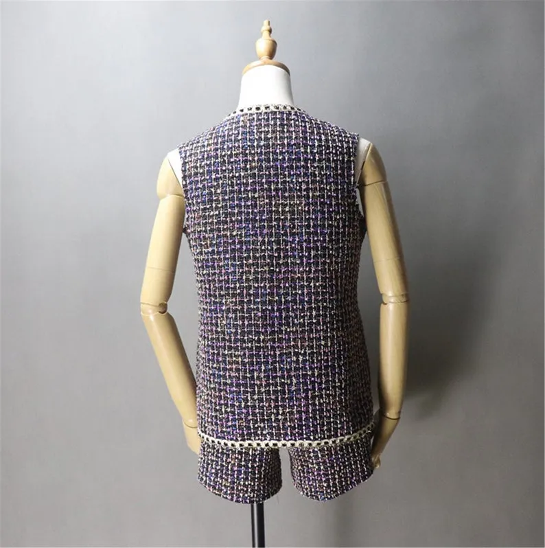 Women's Designer gilet Asymmetric Trim Pockets Tweed Vest   Shorts