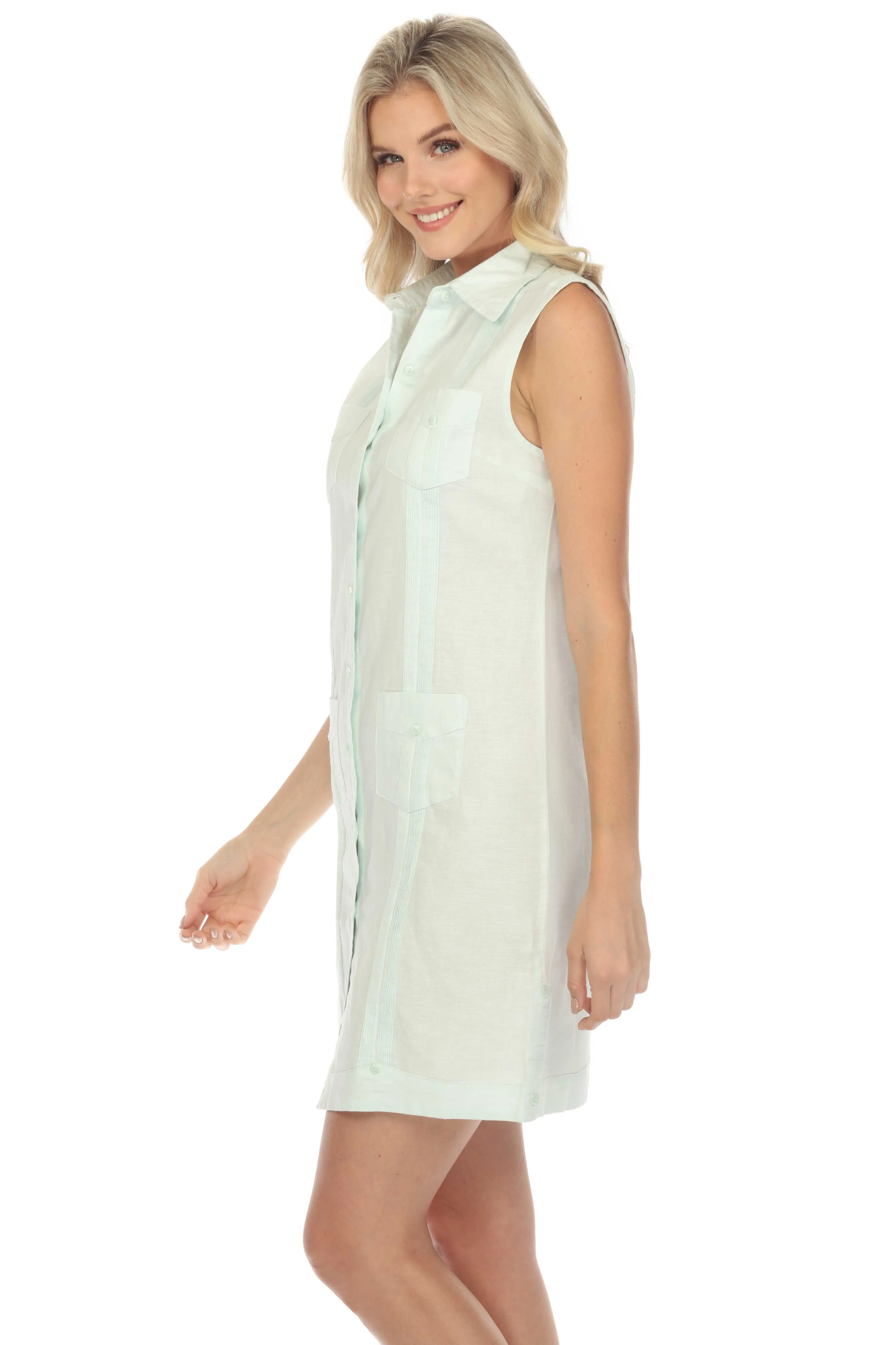 Women's Guayabera Dress Classic Linen Blend Sleeveless Button Down