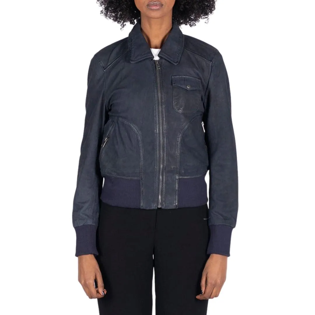 Womens Real Leather Bomber Jacket Short Zipped Retro Brown Tan Black Blue Grey