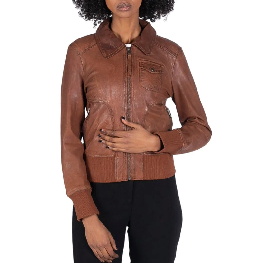 Womens Real Leather Bomber Jacket Short Zipped Retro Brown Tan Black Blue Grey