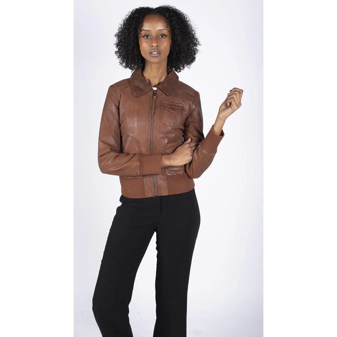 Womens Real Leather Bomber Jacket Short Zipped Retro Brown Tan Black Blue Grey