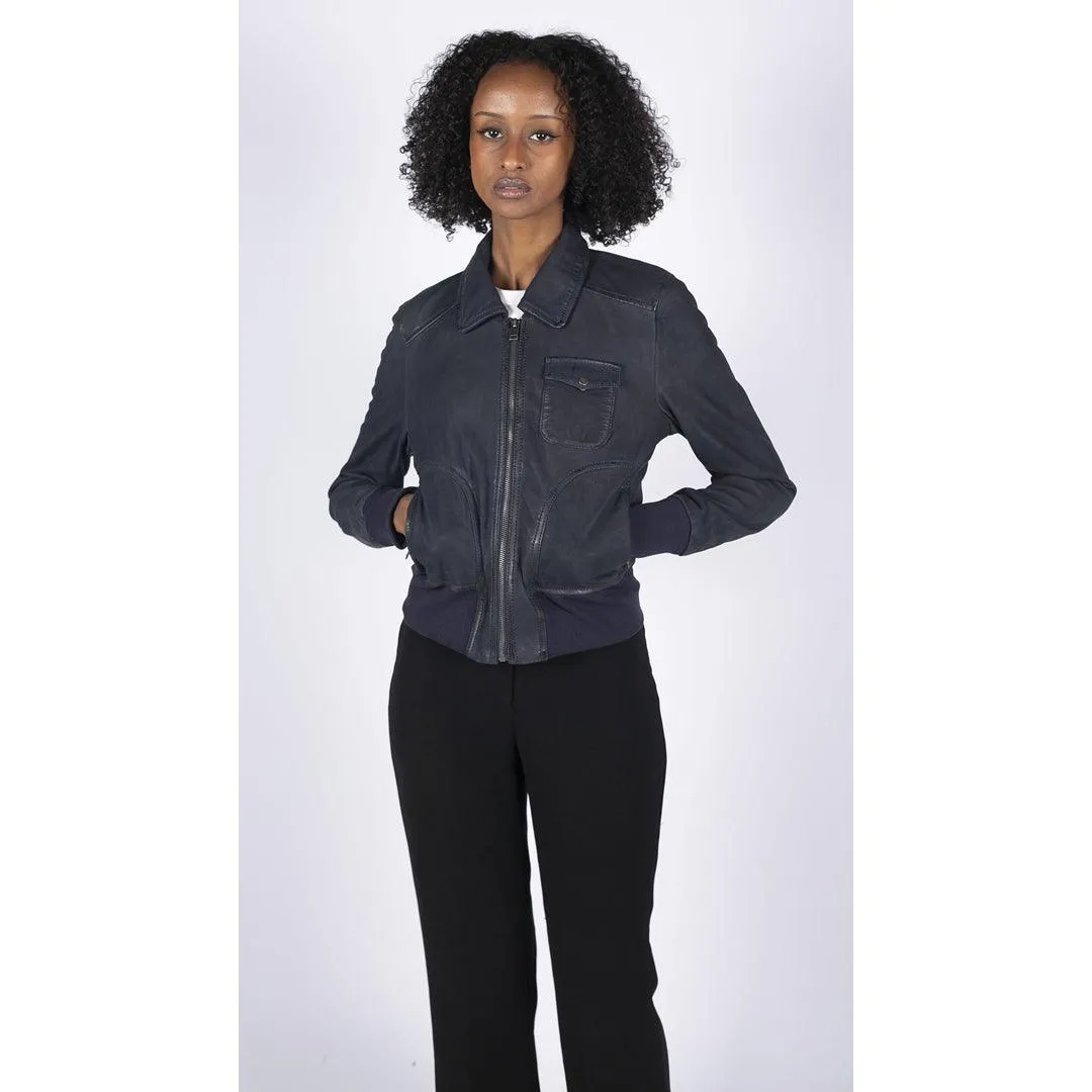 Womens Real Leather Bomber Jacket Short Zipped Retro Brown Tan Black Blue Grey