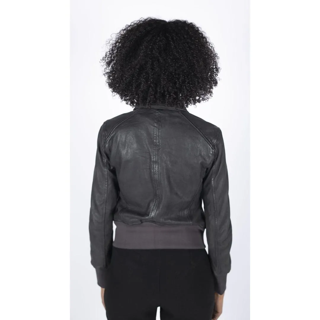 Womens Real Leather Bomber Jacket Short Zipped Retro Brown Tan Black Blue Grey