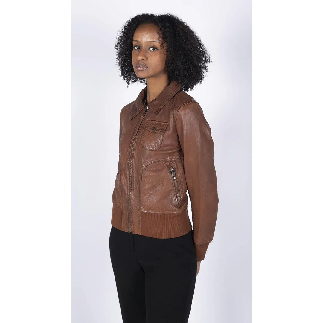 Womens Real Leather Bomber Jacket Short Zipped Retro Brown Tan Black Blue Grey