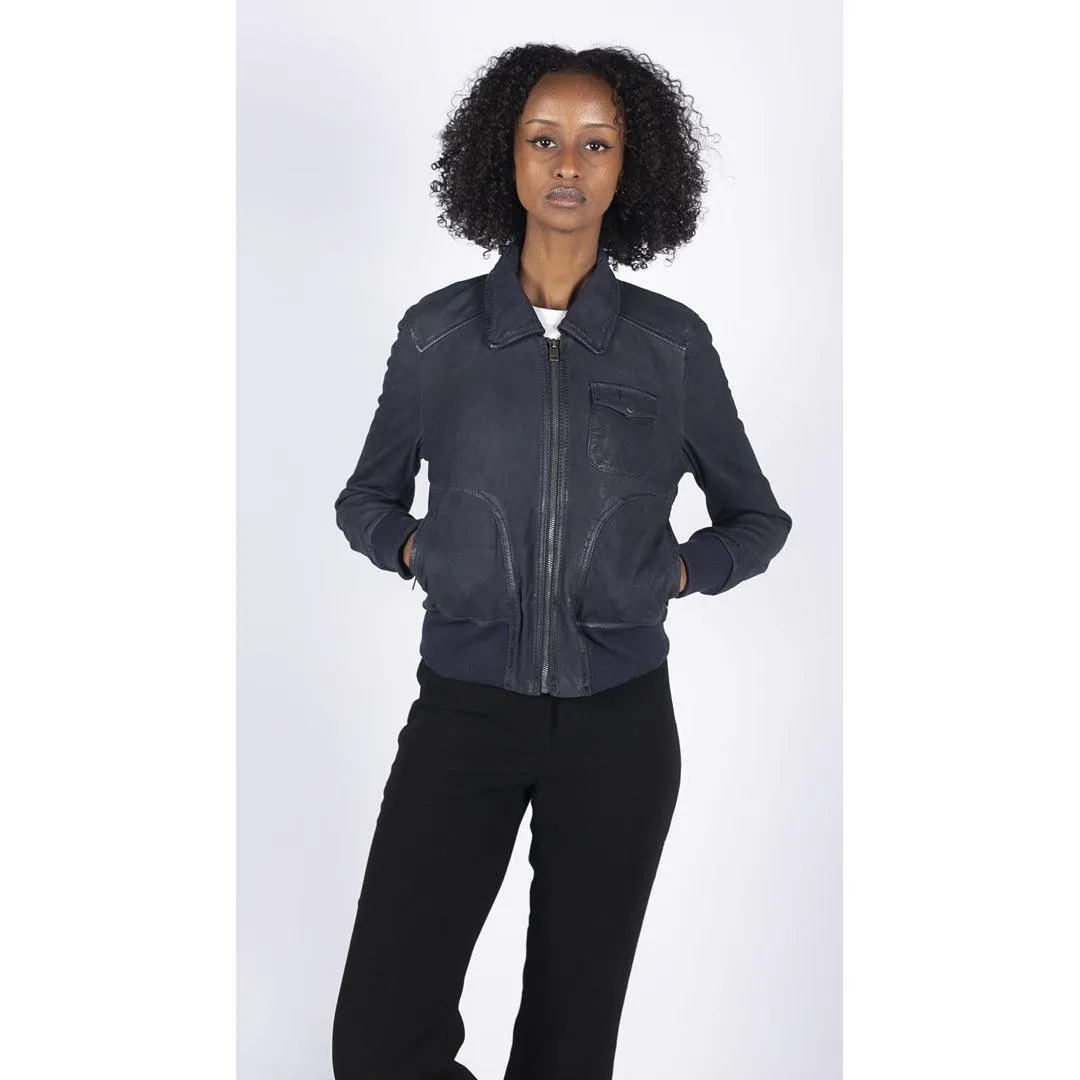 Womens Real Leather Bomber Jacket Short Zipped Retro Brown Tan Black Blue Grey