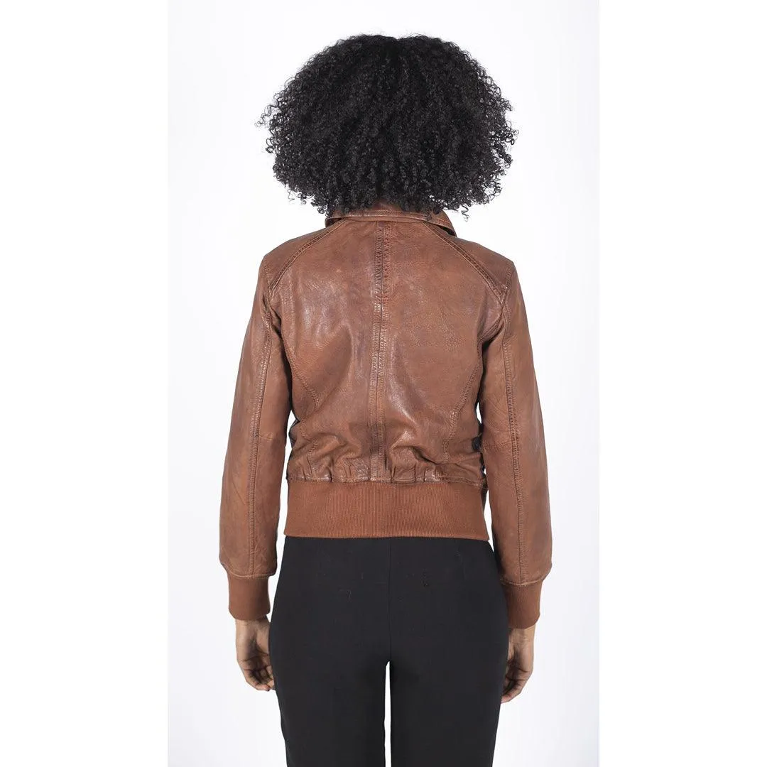 Womens Real Leather Bomber Jacket Short Zipped Retro Brown Tan Black Blue Grey