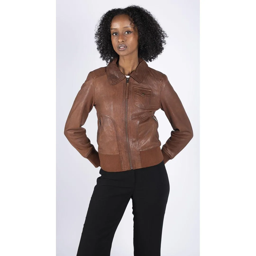 Womens Real Leather Bomber Jacket Short Zipped Retro Brown Tan Black Blue Grey