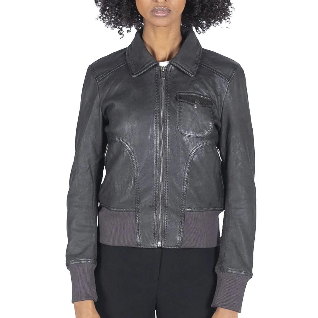 Womens Real Leather Bomber Jacket Short Zipped Retro Brown Tan Black Blue Grey