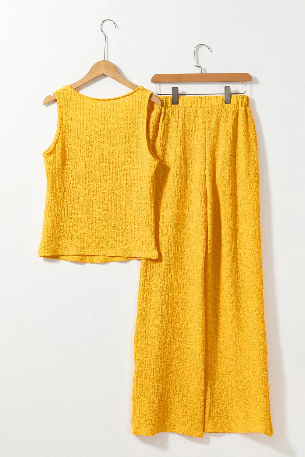 Yellow Crinkled U Neck Tank and Wide Leg Pants Set