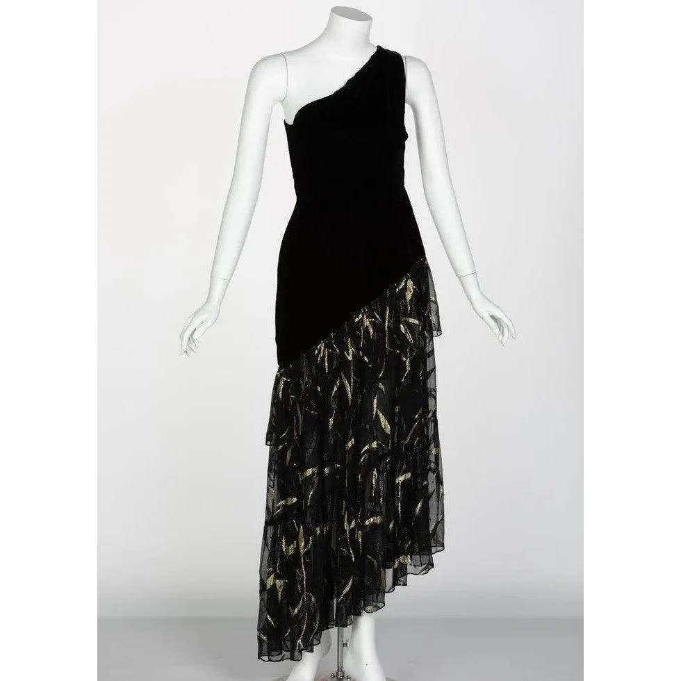 YVES SAINT LAURENT One Shoulder Black Velvet Metallic Layered Dress | Size XS/S